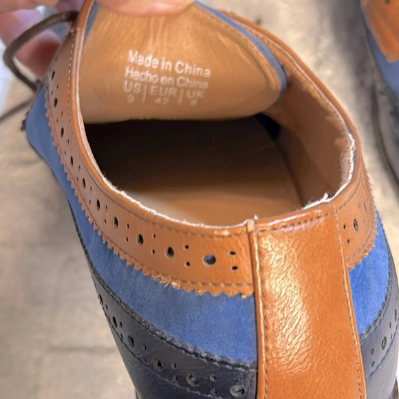 Azar Man Navy Blue & Cognac Leather Suede Lace-Up Oxfords Dress Shoes | Men’s 9 - Picture 8 of 8